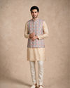 Manyavar Men Beige Brocade Nehru Jacket with Self-Texture