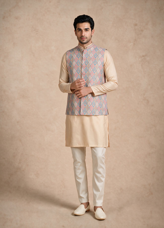 Manyavar Men Beige Brocade Nehru Jacket with Self-Texture