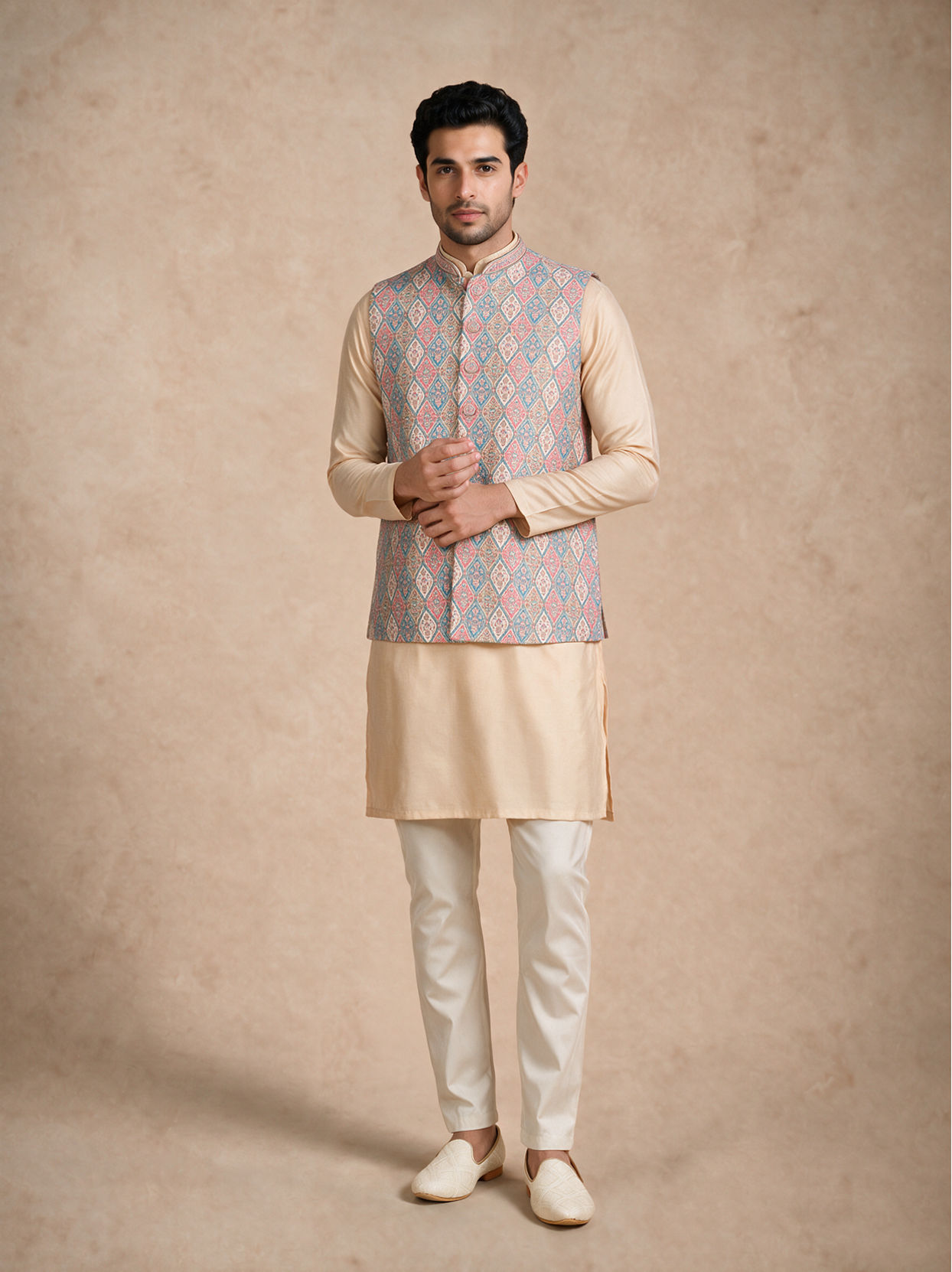Manyavar Men Beige Brocade Nehru Jacket with Self-Texture