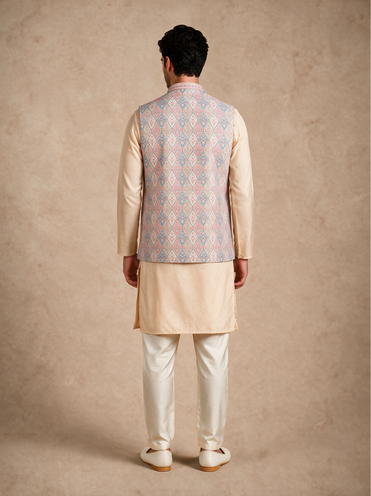 Manyavar Men Beige Brocade Nehru Jacket with Self-Texture