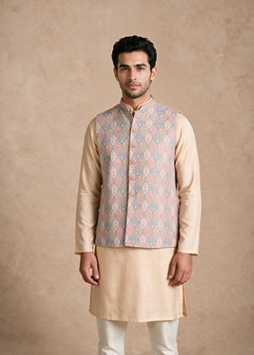 Manyavar Men Beige Brocade Nehru Jacket with Self-Texture