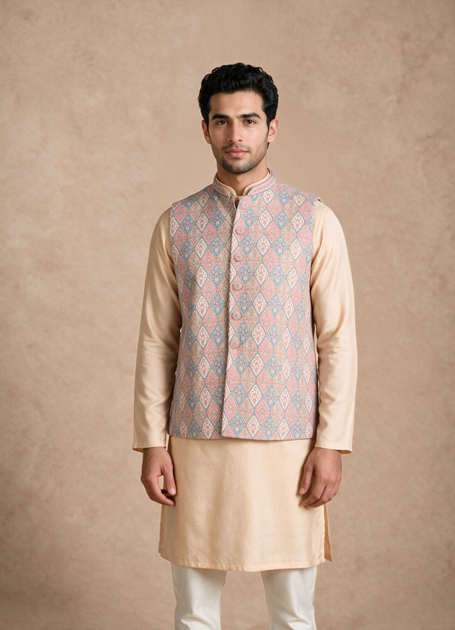 Manyavar Men Beige Brocade Nehru Jacket with Self-Texture
