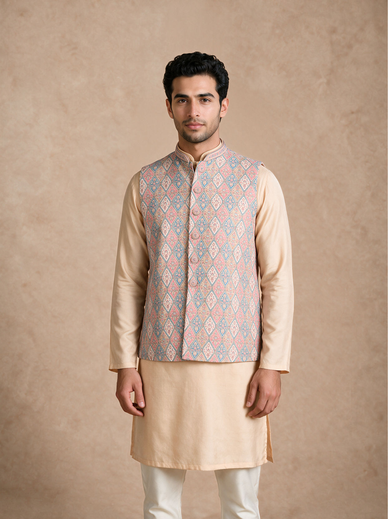 Manyavar Men Beige Brocade Nehru Jacket with Self-Texture
