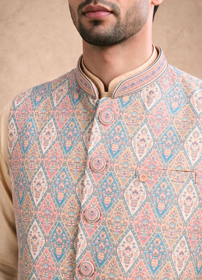Manyavar Men Beige Brocade Nehru Jacket with Self-Texture