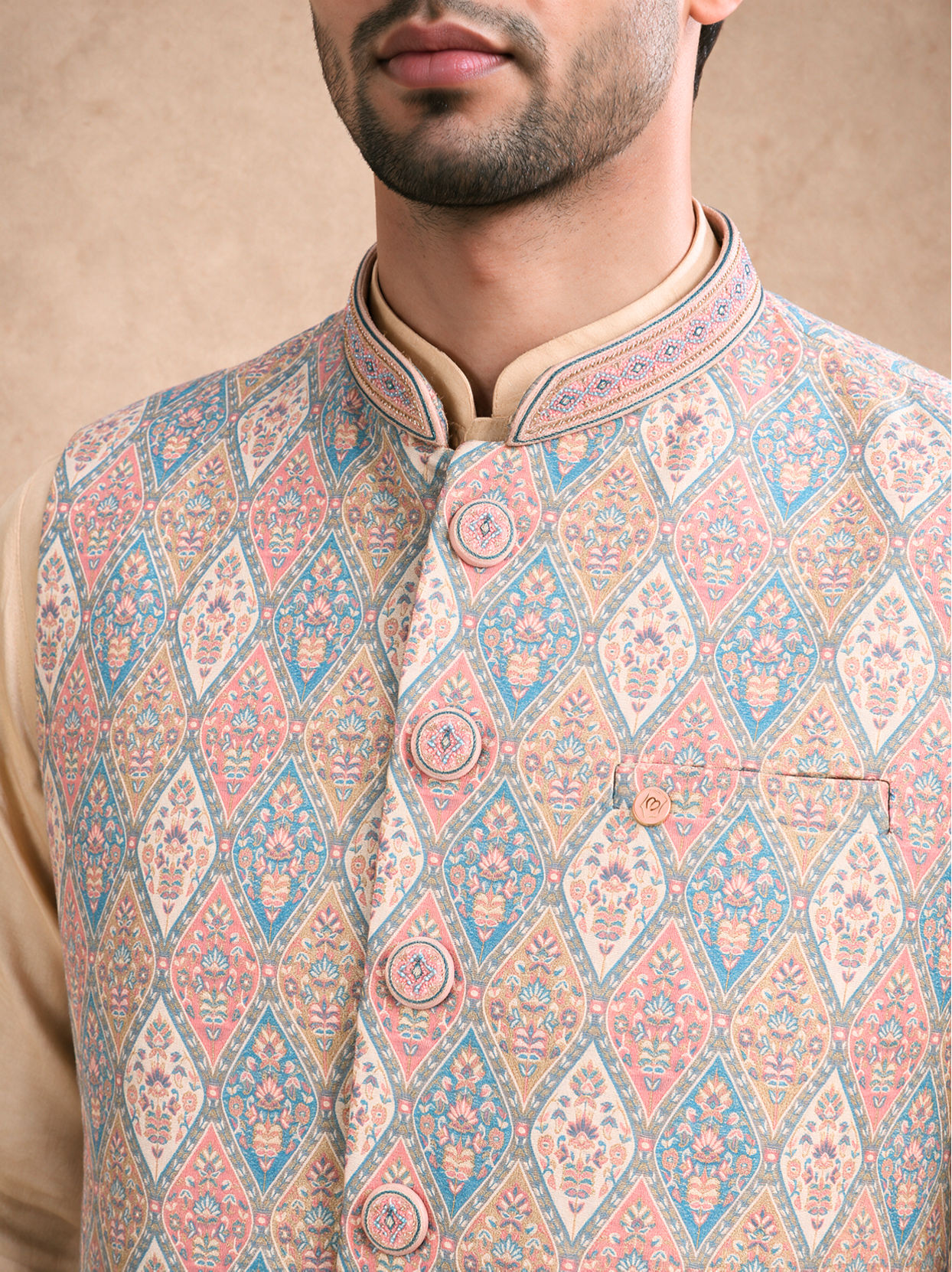 Manyavar Men Beige Brocade Nehru Jacket with Self-Texture