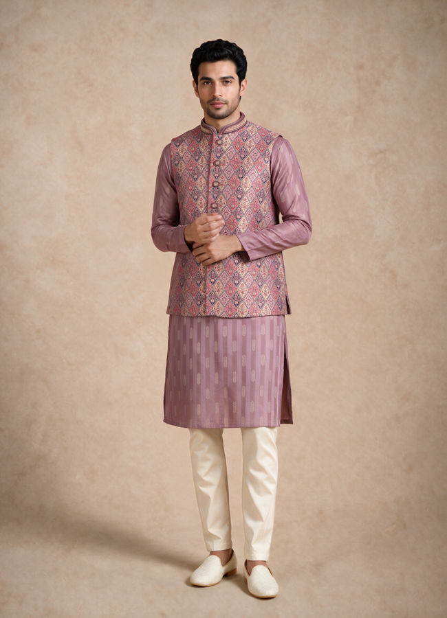 Manyavar Men Purple Brocade Nehru Jacket with Self-Texture