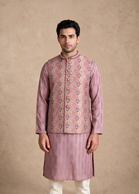 Manyavar Men Purple Brocade Nehru Jacket with Self-Texture