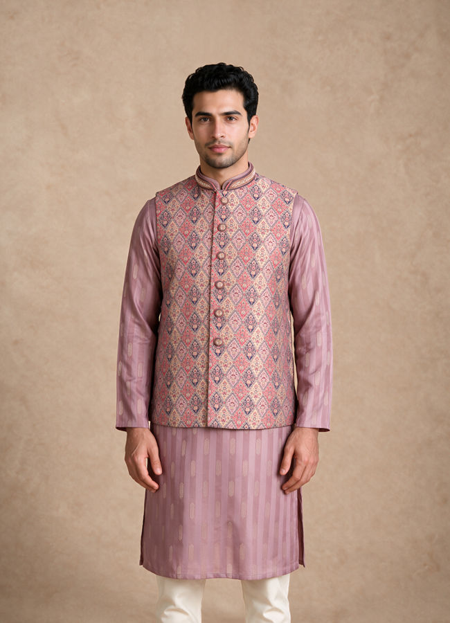 Manyavar Men Purple Brocade Nehru Jacket with Self-Texture