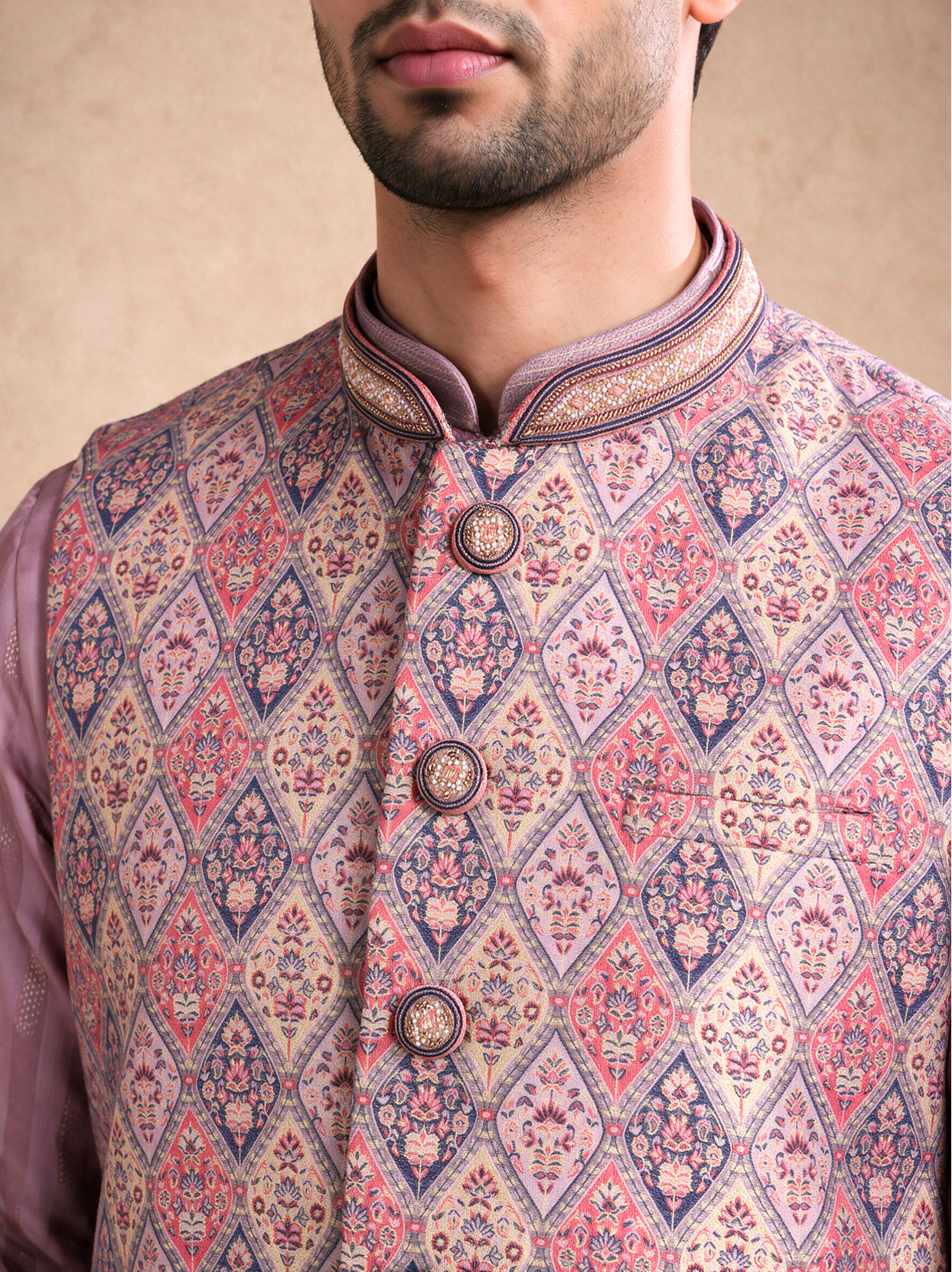 Manyavar Men Purple Brocade Nehru Jacket with Self-Texture