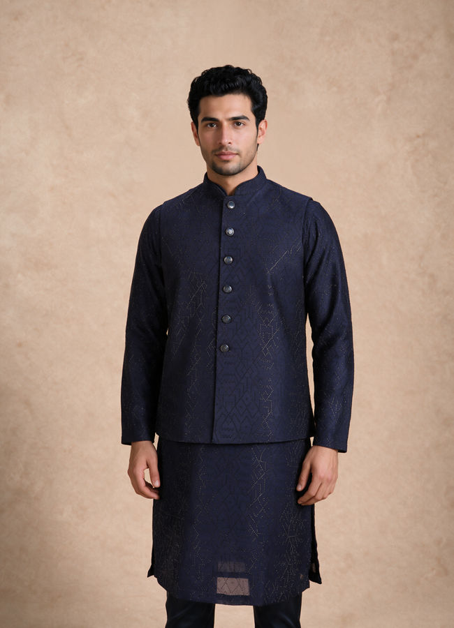 Manyavar Men Dark Blue Silk Nehru Jacket with Bead Work