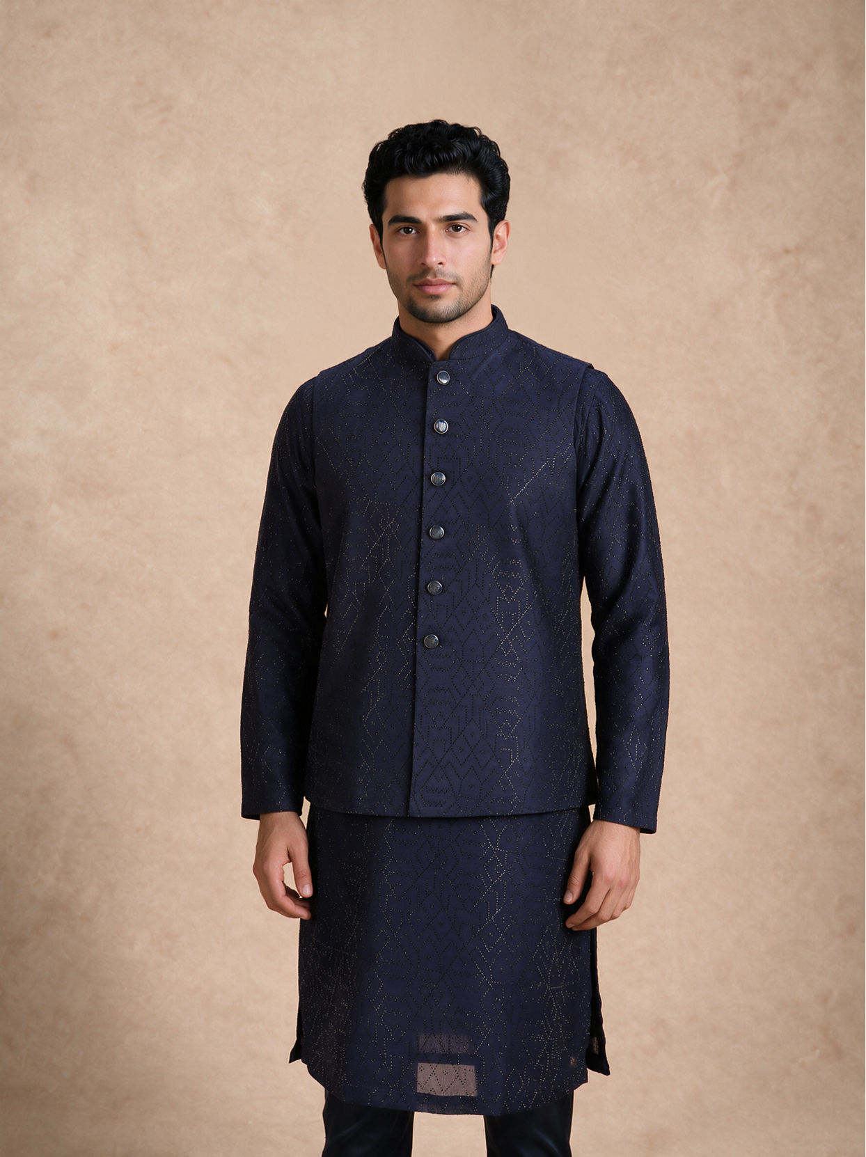 Manyavar Men Dark Blue Silk Nehru Jacket with Bead Work