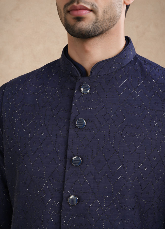 Manyavar Men Dark Blue Silk Nehru Jacket with Bead Work
