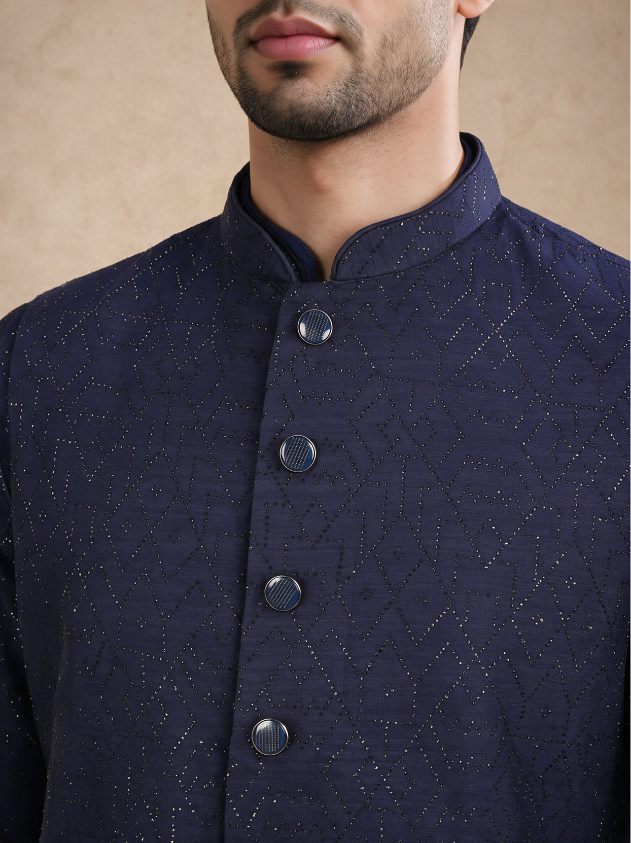 Manyavar Men Dark Blue Silk Nehru Jacket with Bead Work