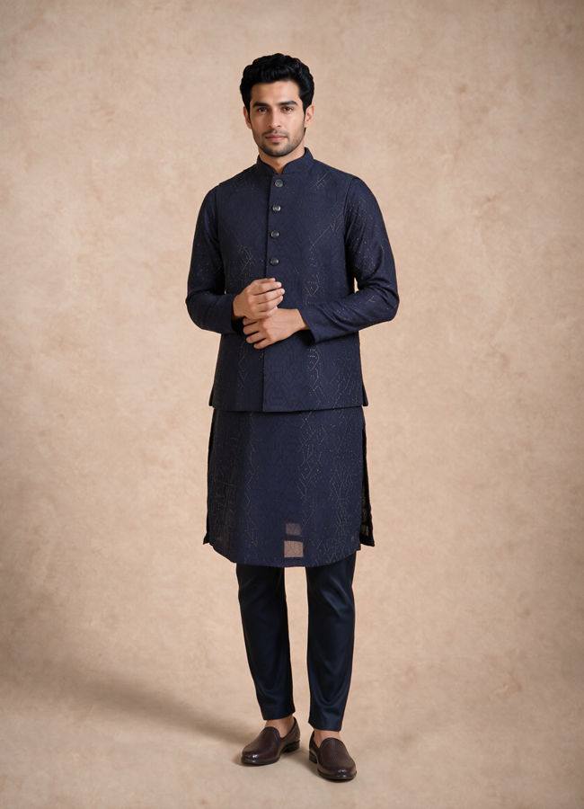 Manyavar Men Dark Blue Silk Nehru Jacket with Bead Work