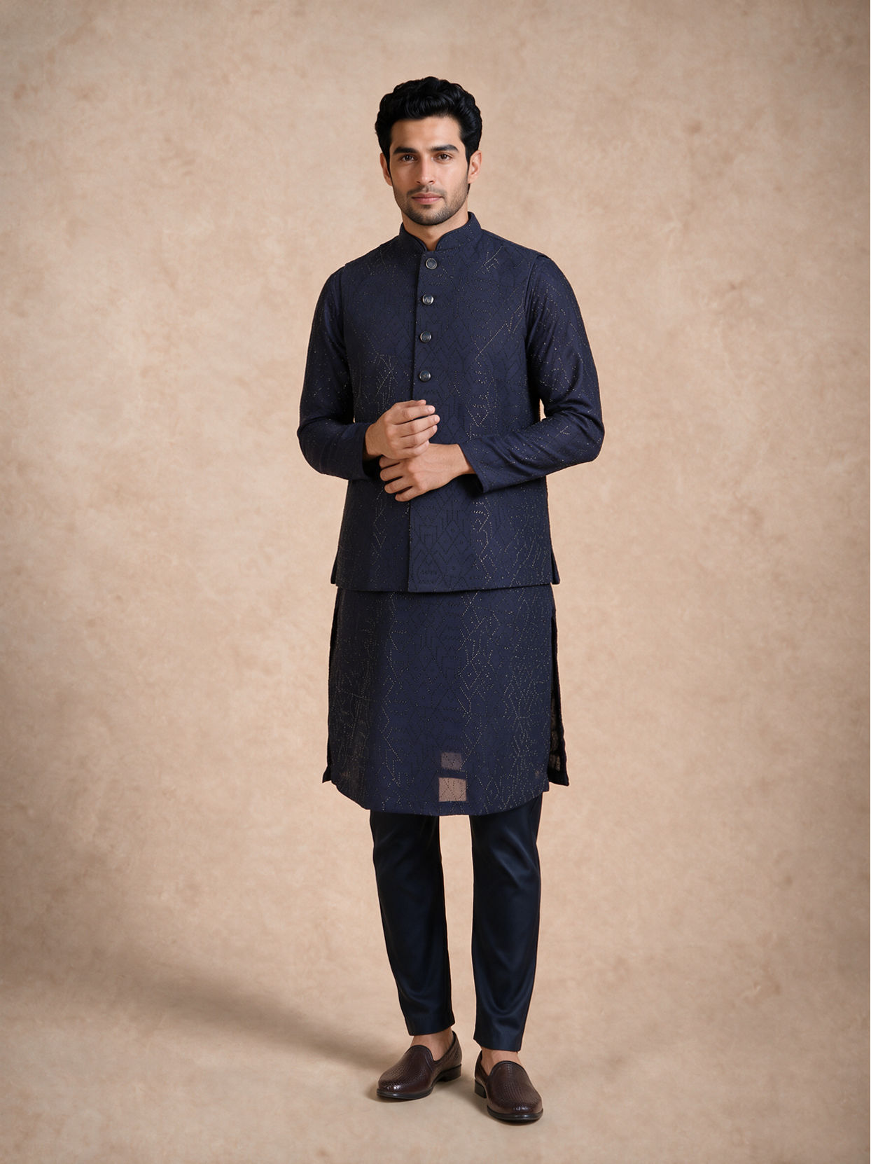 Manyavar Men Dark Blue Silk Nehru Jacket with Bead Work