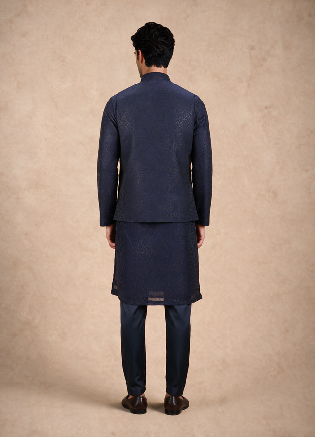 Manyavar Men Dark Blue Silk Nehru Jacket with Bead Work