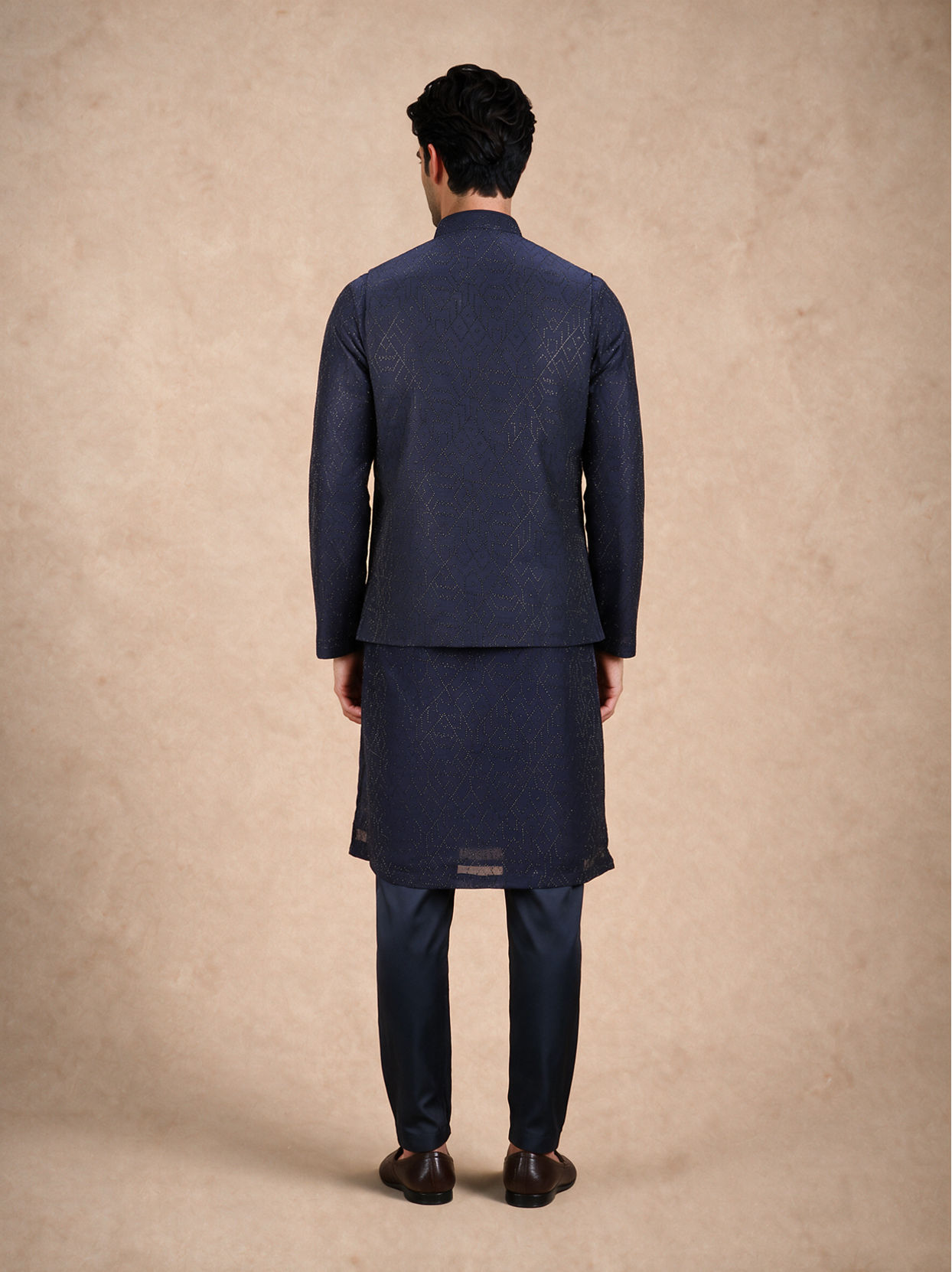 Manyavar Men Dark Blue Silk Nehru Jacket with Bead Work
