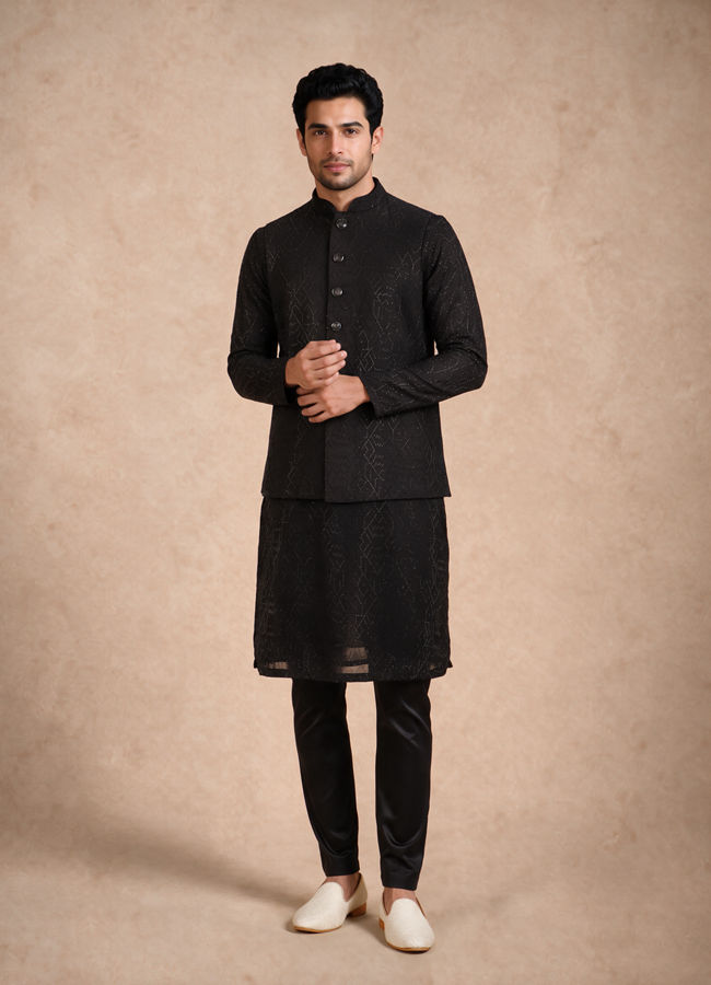 Manyavar Men Black Art Silk Nehru Jacket with Bead Work