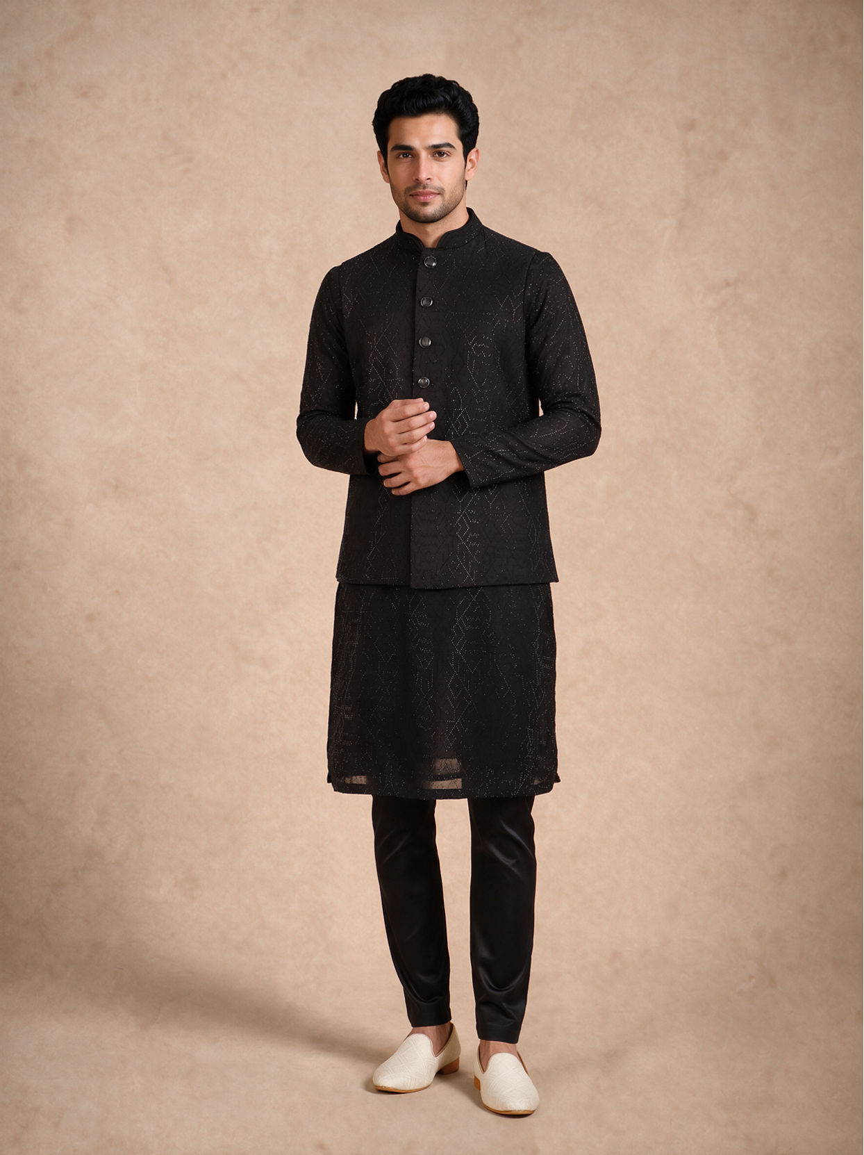Manyavar Men Black Art Silk Nehru Jacket with Bead Work
