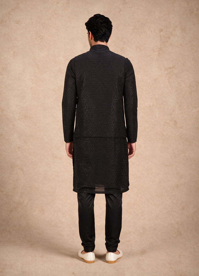 Manyavar Men Black Art Silk Nehru Jacket with Bead Work