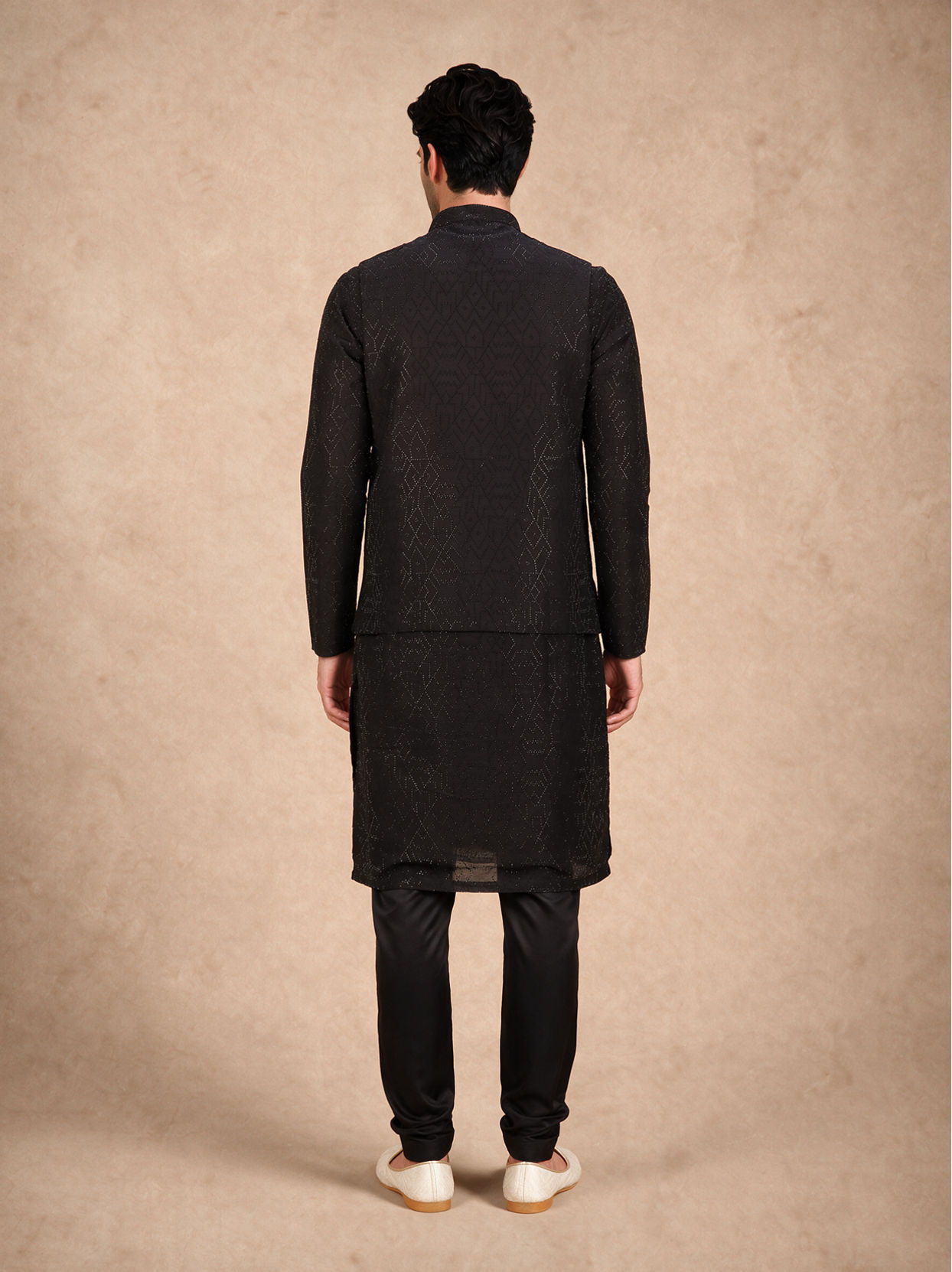 Manyavar Men Black Art Silk Nehru Jacket with Bead Work