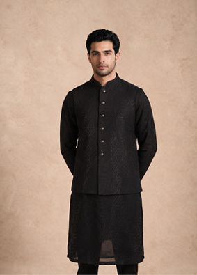 Manyavar Men Black Art Silk Nehru Jacket with Bead Work