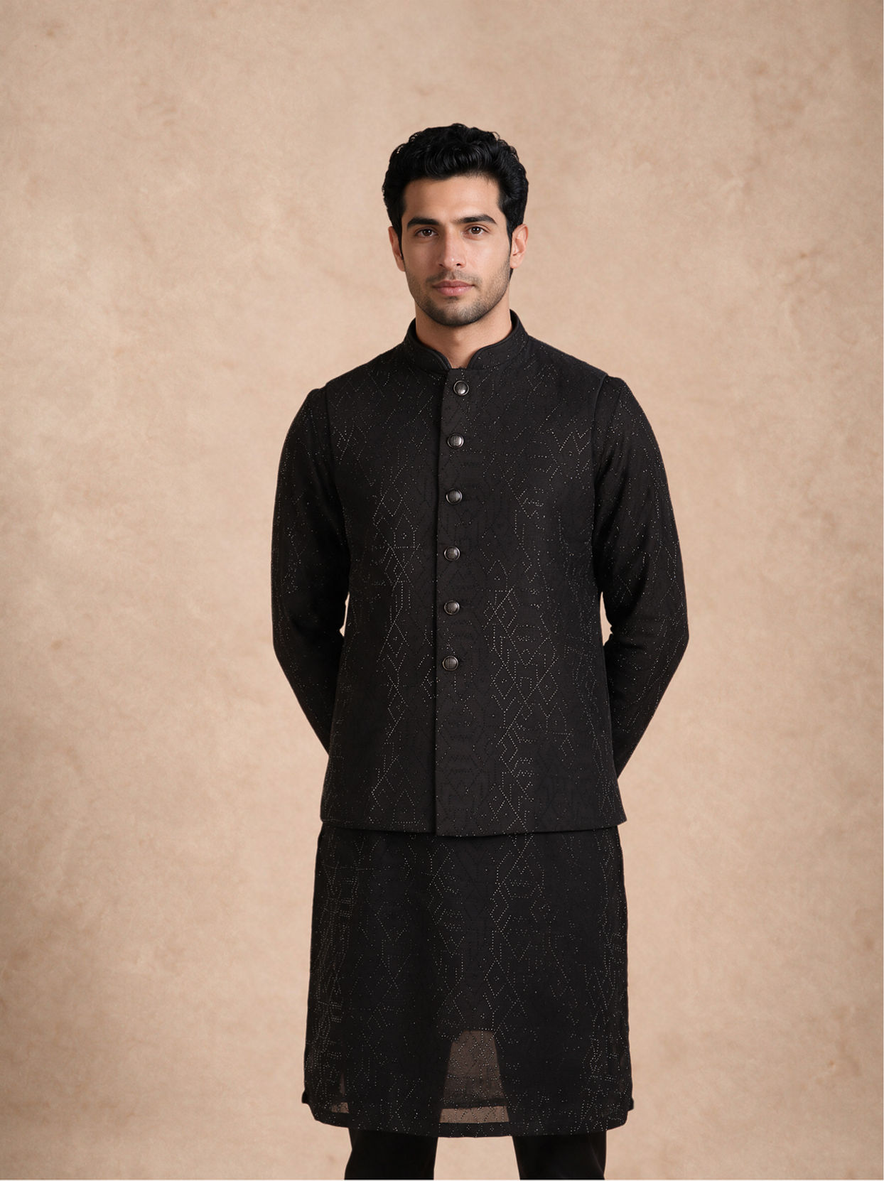 Manyavar Men Black Art Silk Nehru Jacket with Bead Work