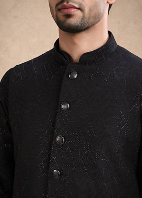 Manyavar Men Black Art Silk Nehru Jacket with Bead Work