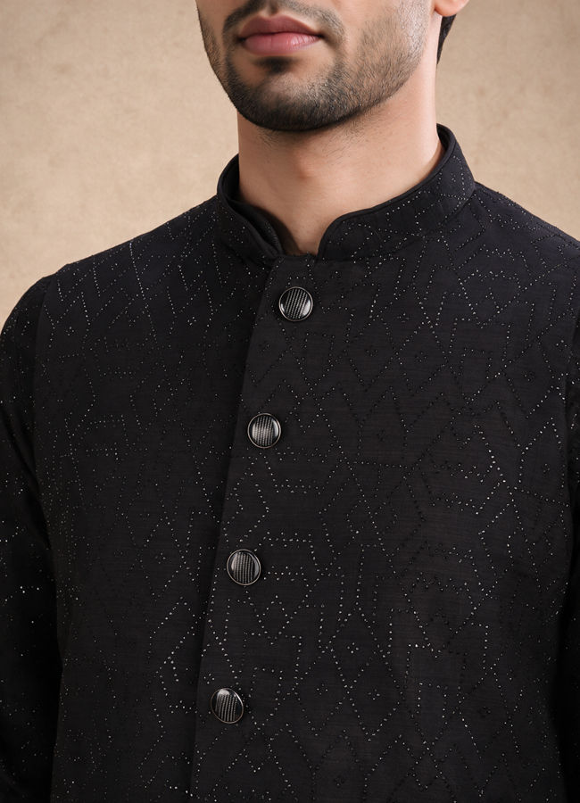 Manyavar Men Black Art Silk Nehru Jacket with Bead Work