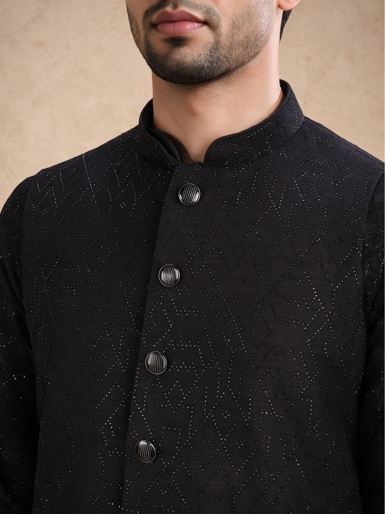 Manyavar Men Black Art Silk Nehru Jacket with Bead Work