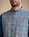 Manyavar Men Teal Blue Art Silk Nehru Jacket with Self-Texture