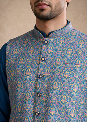 Manyavar Men Teal Blue Art Silk Nehru Jacket with Self-Texture