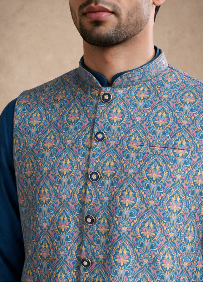 Manyavar Men Teal Blue Art Silk Nehru Jacket with Self-Texture