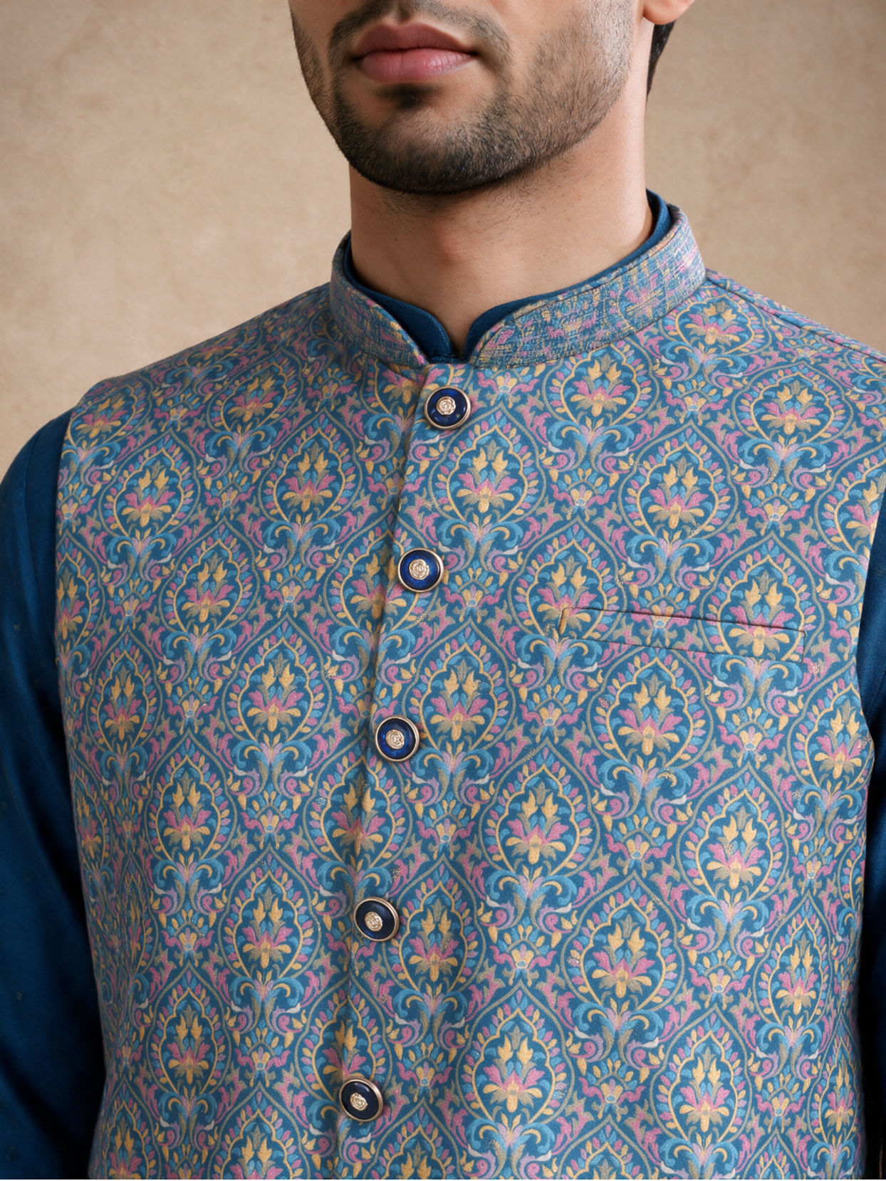 Manyavar Men Teal Blue Art Silk Nehru Jacket with Self-Texture