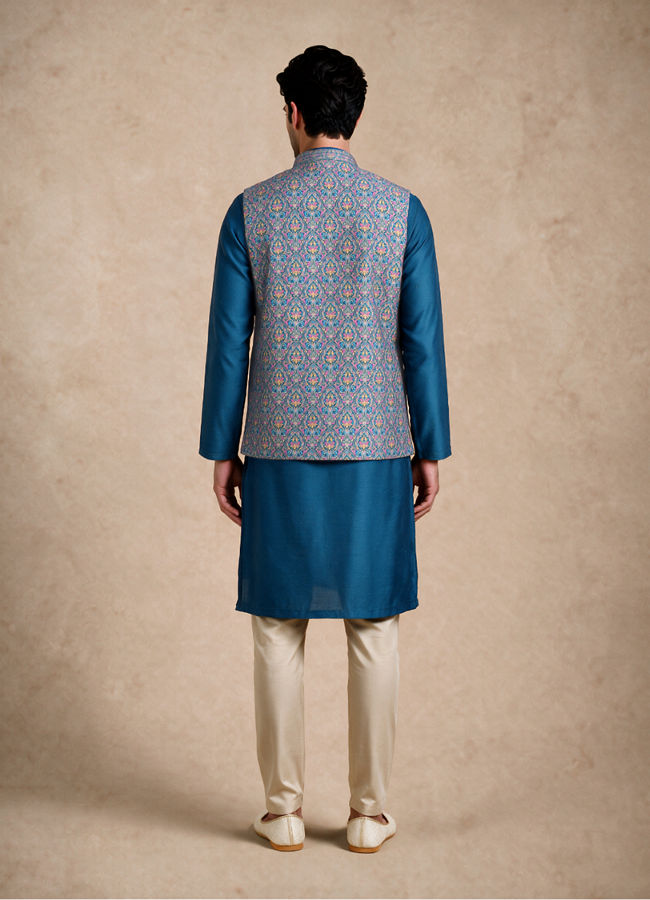Manyavar Men Teal Blue Art Silk Nehru Jacket with Self-Texture