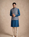 Manyavar Men Teal Blue Art Silk Nehru Jacket with Self-Texture