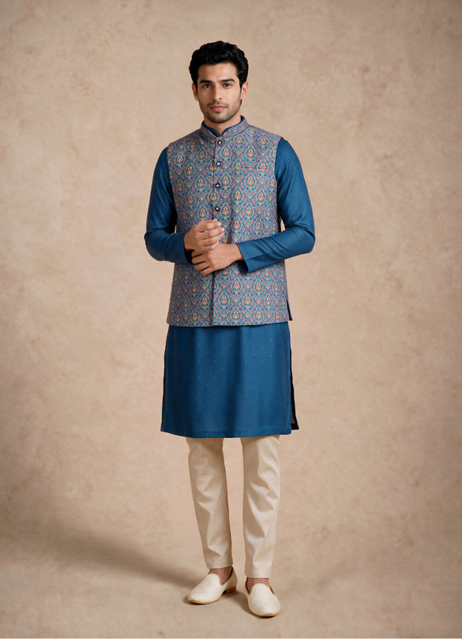 Manyavar Men Teal Blue Art Silk Nehru Jacket with Self-Texture