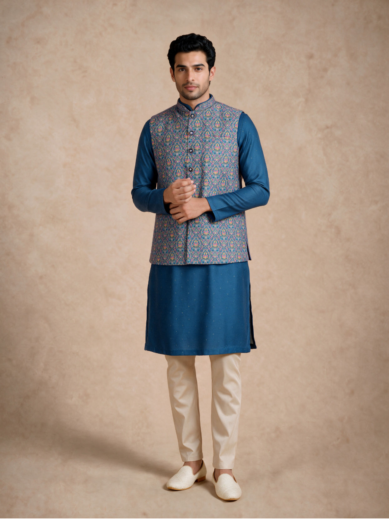Manyavar Men Teal Blue Art Silk Nehru Jacket with Self-Texture