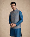 Manyavar Men Teal Blue Art Silk Nehru Jacket with Self-Texture