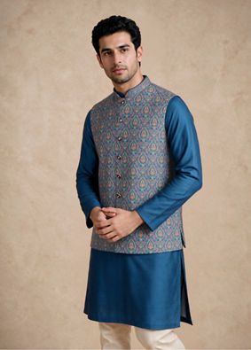 Manyavar Men Teal Blue Art Silk Nehru Jacket with Self-Texture