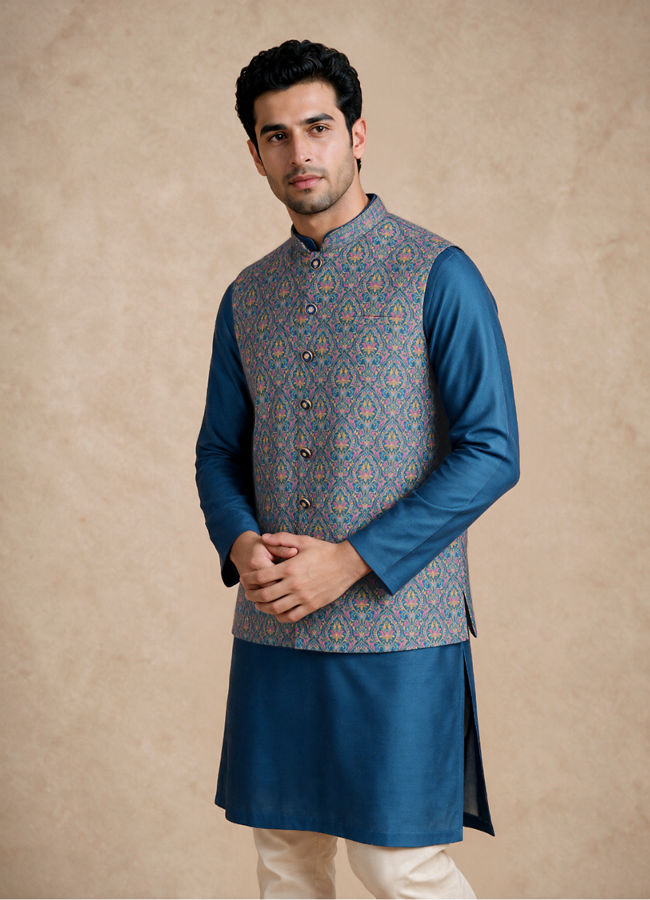 Manyavar Men Teal Blue Art Silk Nehru Jacket with Self-Texture