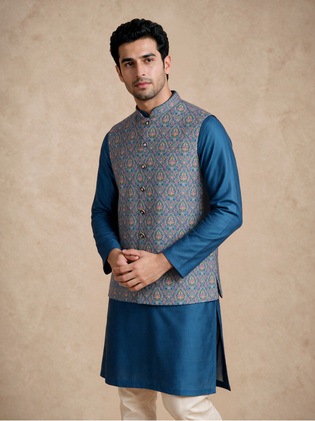 Manyavar Men Teal Blue Art Silk Nehru Jacket with Self-Texture
