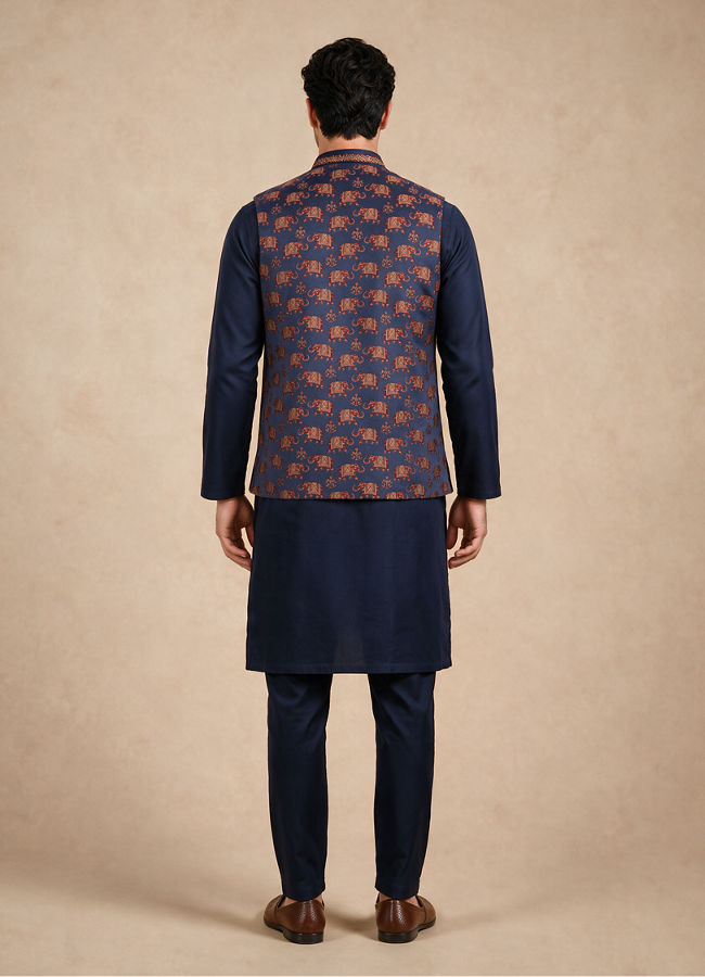 Manyavar Men Dark Blue Brocade Nehru Jacket with Self-Texture