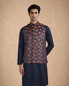 Manyavar Men Dark Blue Brocade Nehru Jacket with Self-Texture