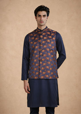 Manyavar Men Dark Blue Brocade Nehru Jacket with Self-Texture