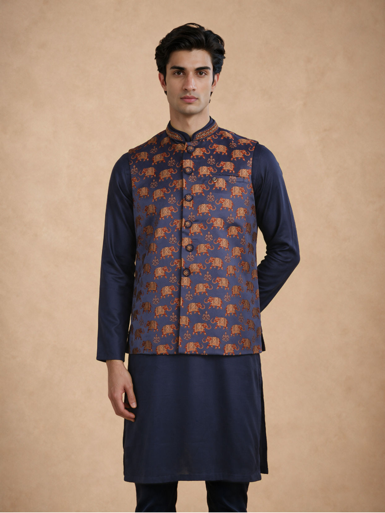 Manyavar Men Dark Blue Brocade Nehru Jacket with Self-Texture