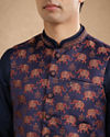 Manyavar Men Dark Blue Brocade Nehru Jacket with Self-Texture