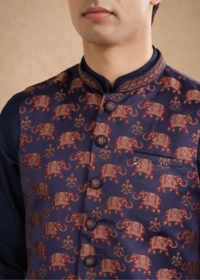 Manyavar Men Dark Blue Brocade Nehru Jacket with Self-Texture