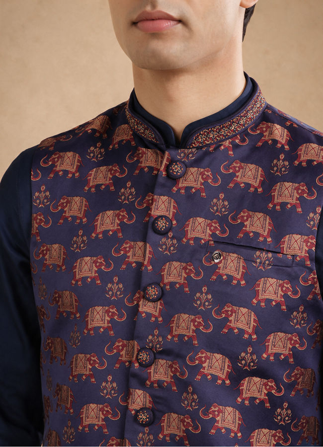 Manyavar Men Dark Blue Brocade Nehru Jacket with Self-Texture