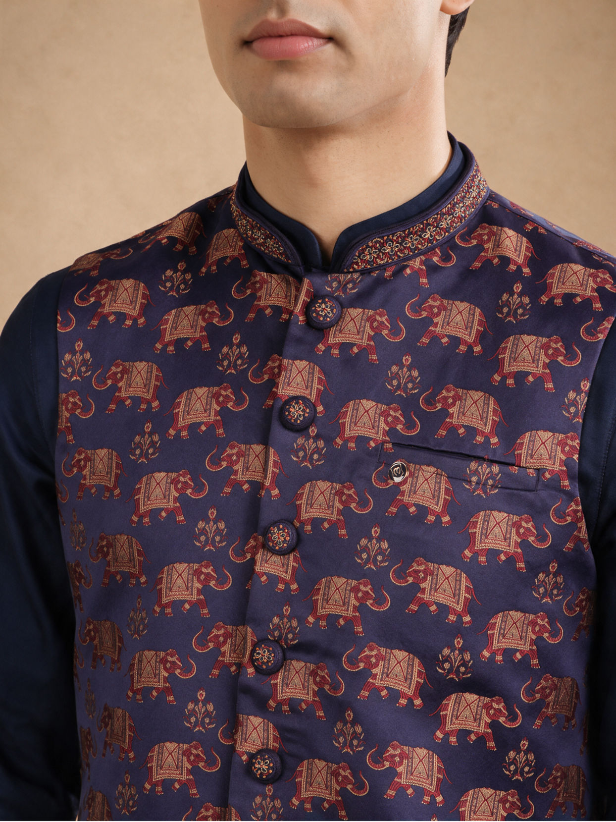 Manyavar Men Dark Blue Brocade Nehru Jacket with Self-Texture